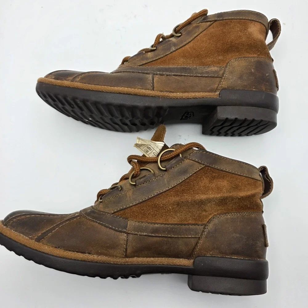 UGG Heather Womens 7 Duck Rain Ankle Boot Coconut‎ Shell Brown Leather Lace Up